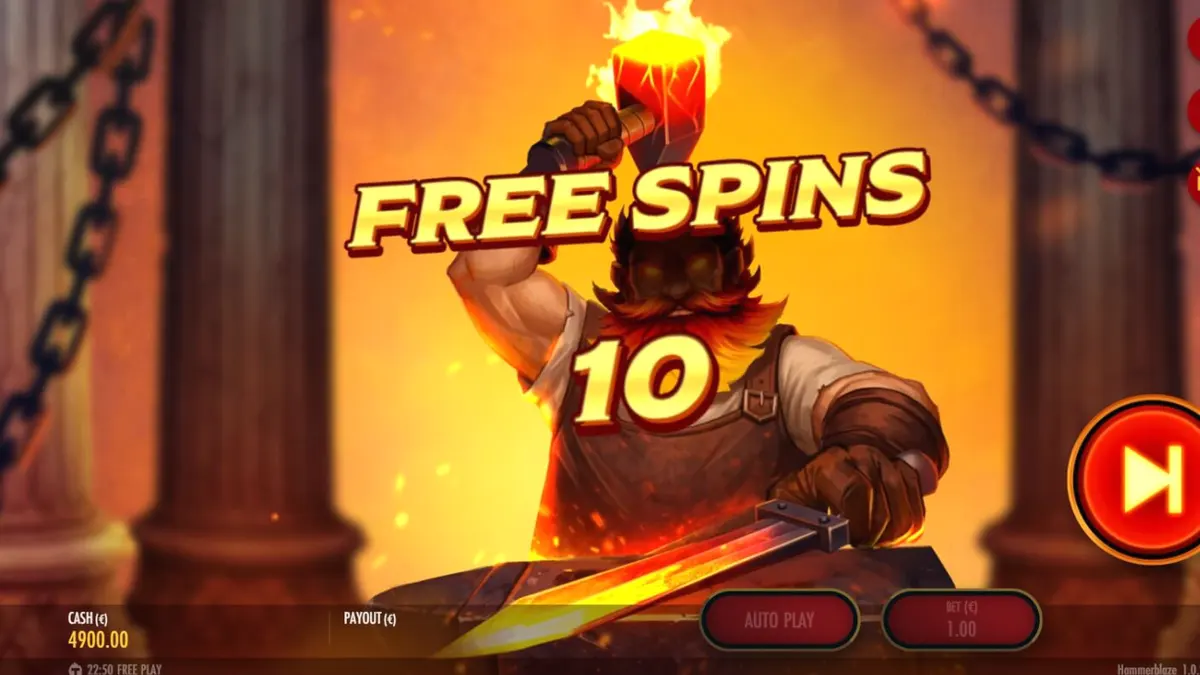 Tampilan visual slot Hammerblaze dengan latar belakang bengkel dewa dan grid 7x7