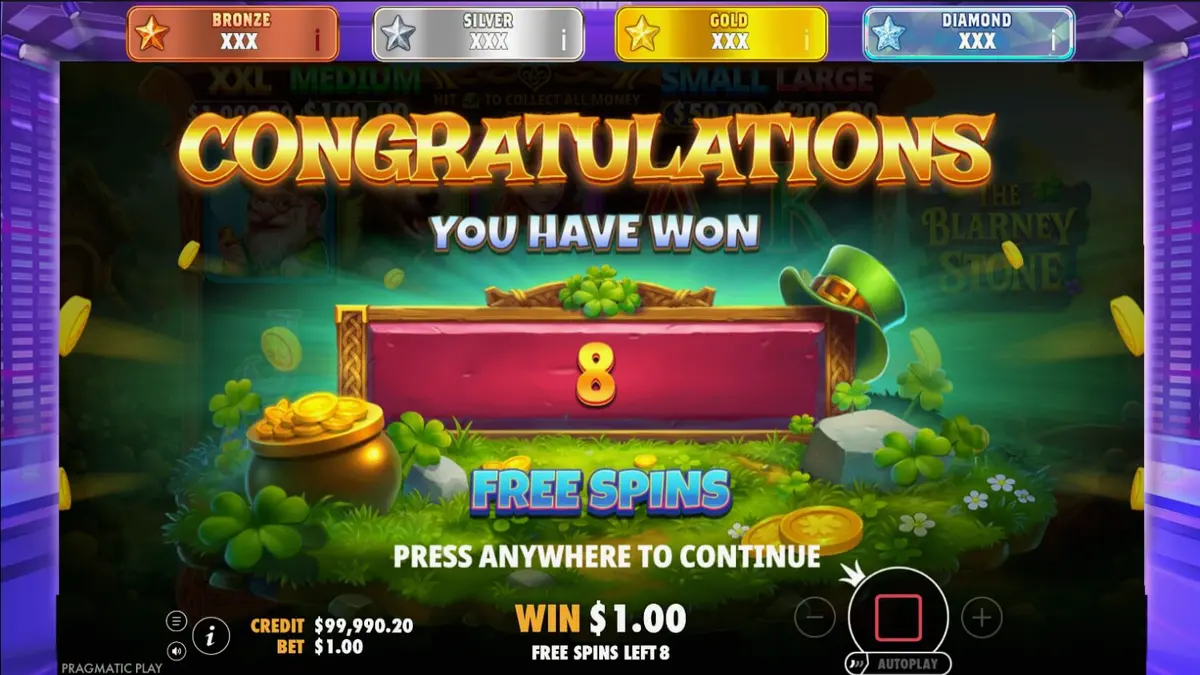 The Blarney Stone slot machine interface with Irish theme