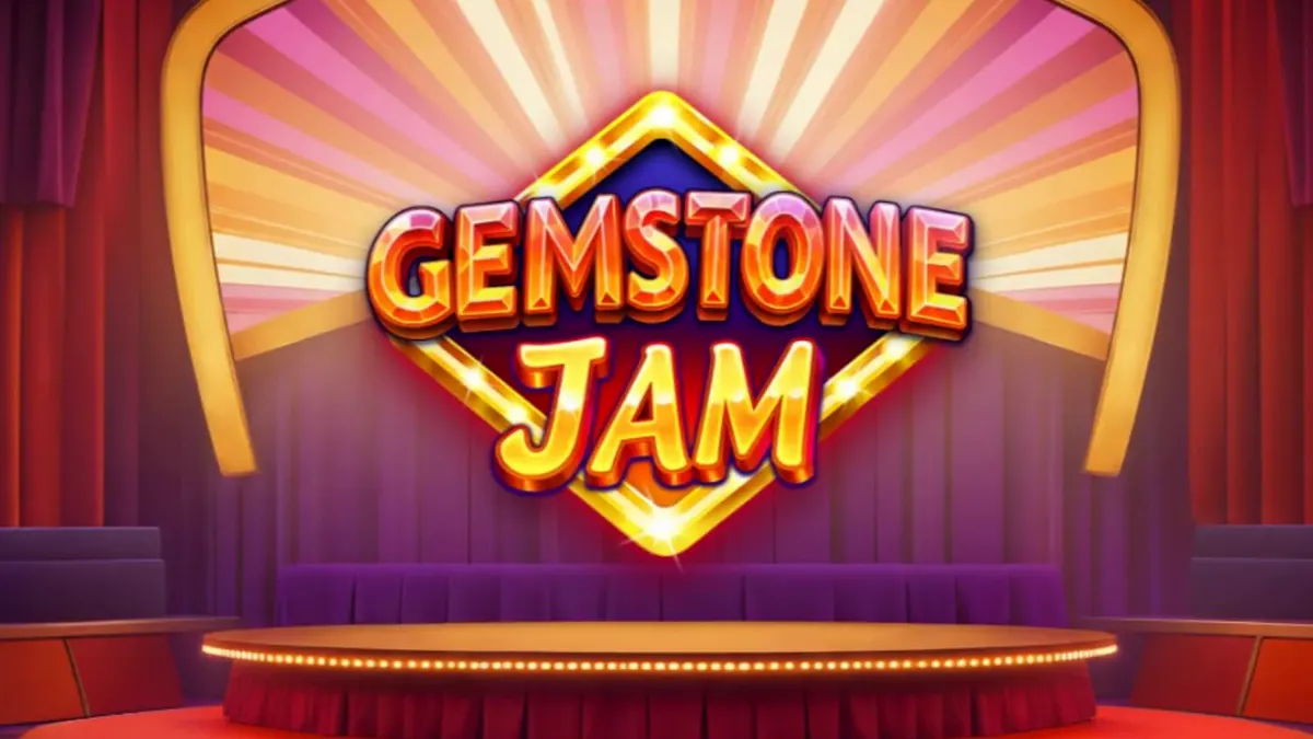 Tampilan visual slot Gemstone Jam dengan simbol permata dan desain panggung TV yang mewah.