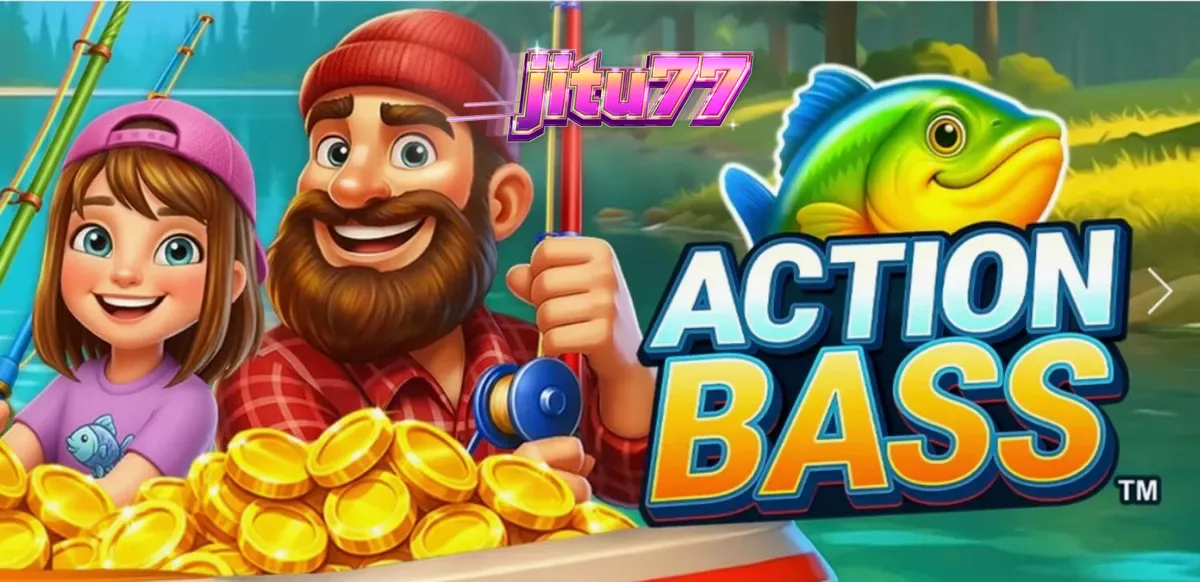 Tampilan visual slot Action Bass dengan tema memancing dan perahu keluarga.